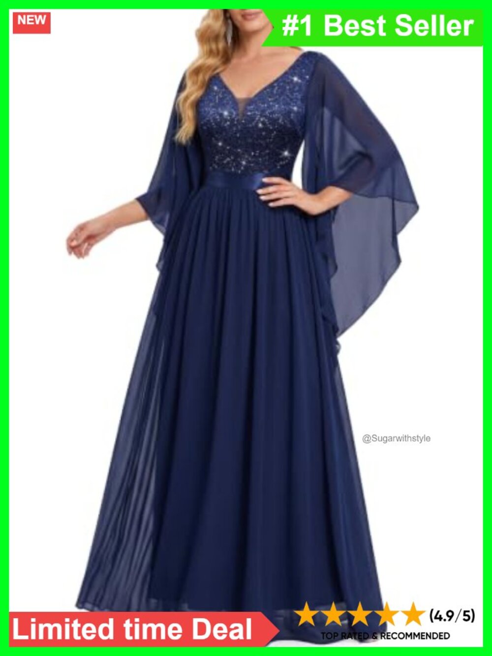 Womens Formal Evening Maxi Dress Sequin Lace Contrast A Line 3/4 Sleeve